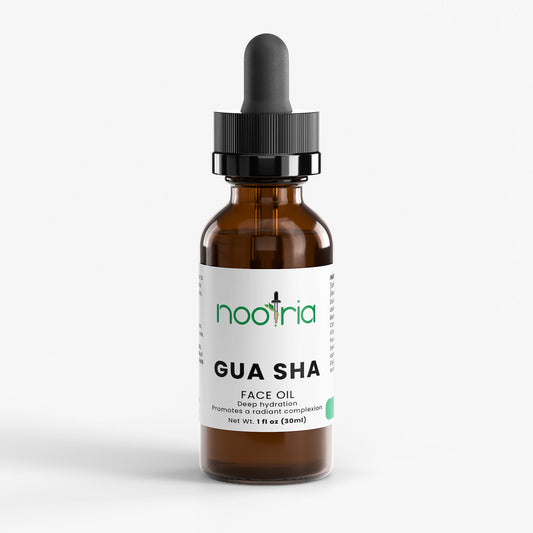 Bottle of Nootria Gua Sha Face Oil on a white background
