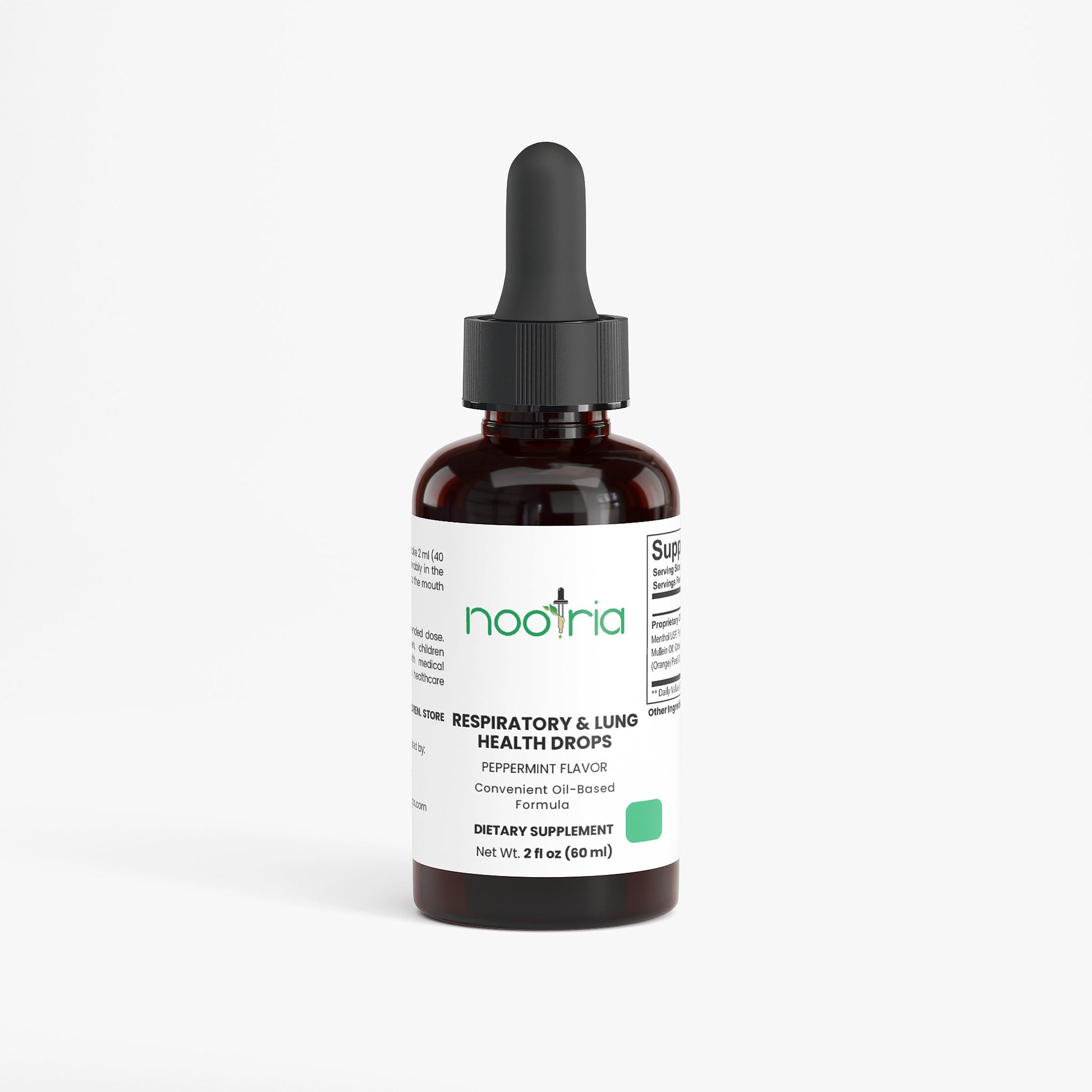 Bottle of Nootria respiratory and lung health drops on a white background