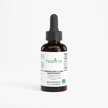 Bottle of Nootria respiratory and lung health drops on a white background