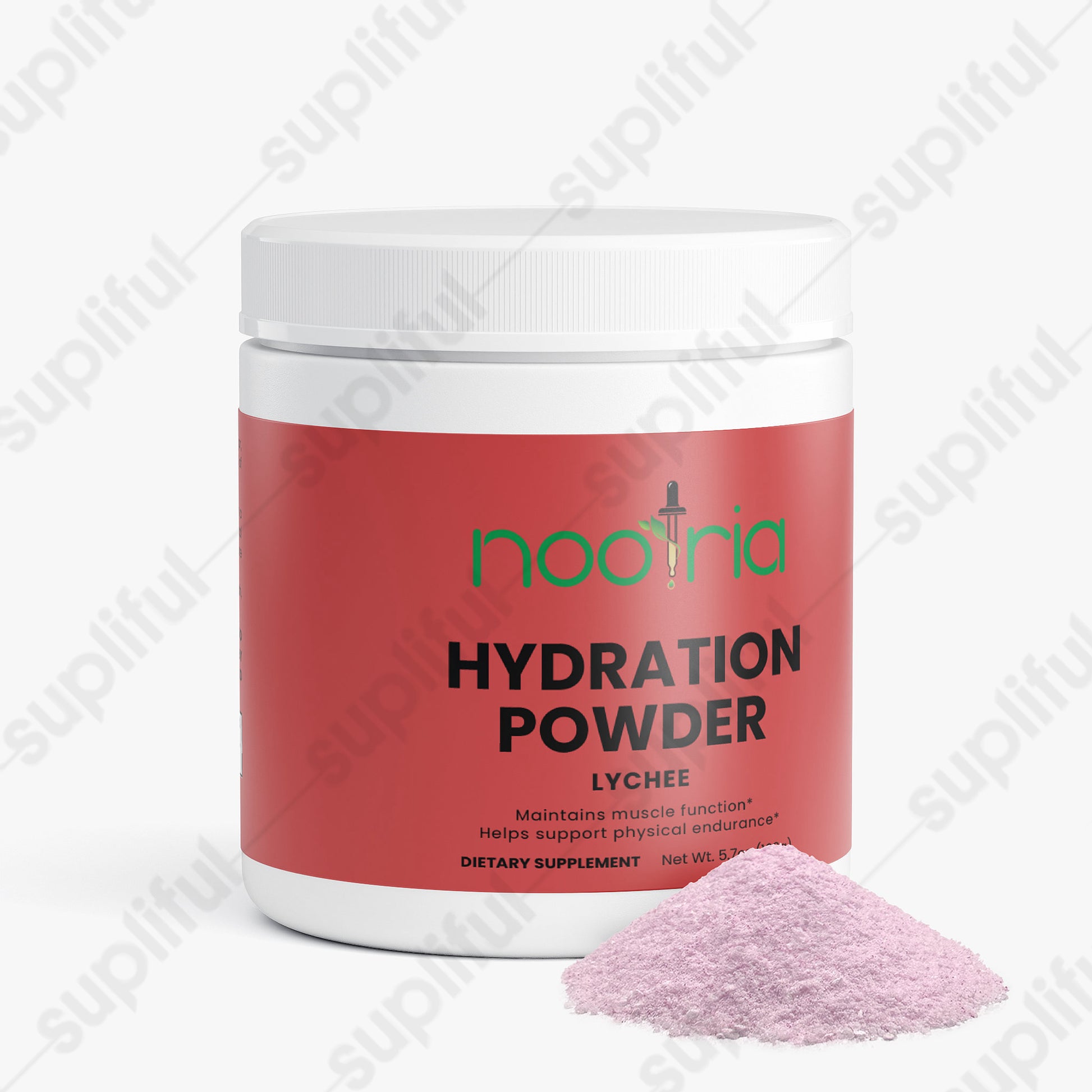 Electrolyte Hydration Powder Lychee Drink Mix USA container with pink powder on a white background