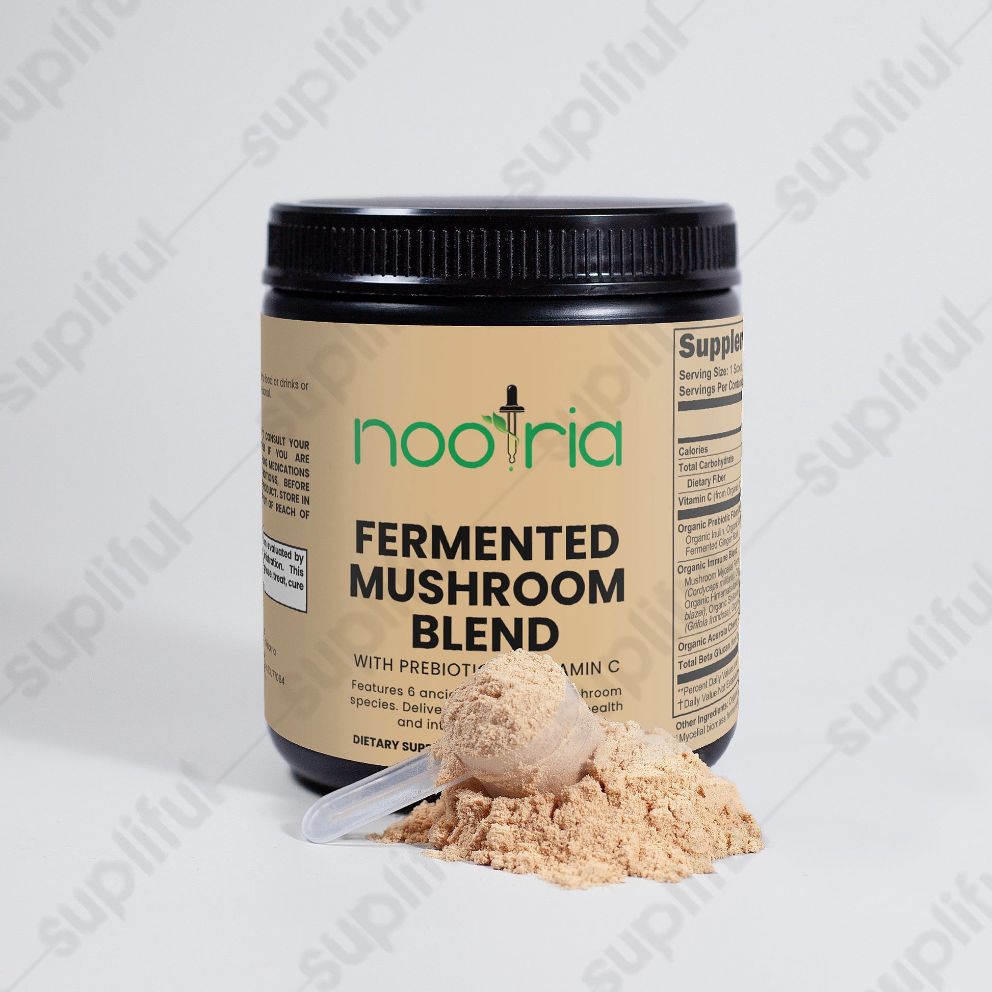 Nootria fermented mushroom blend container with powder and scoop on a light gray background