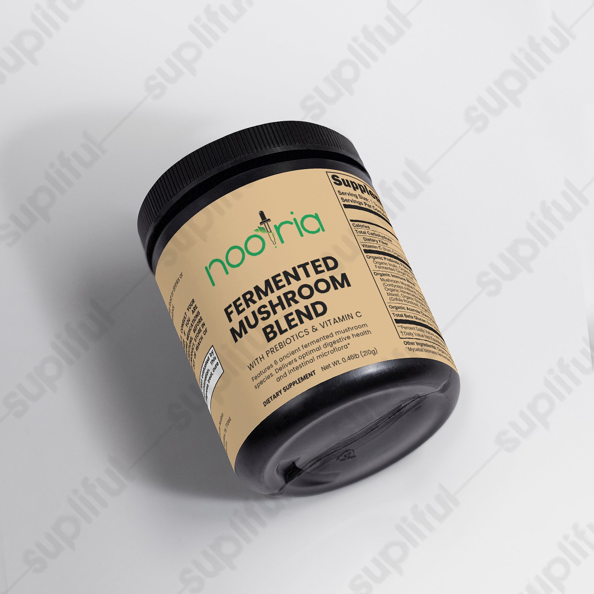 Nootria fermented mushroom blend container on a light gray background